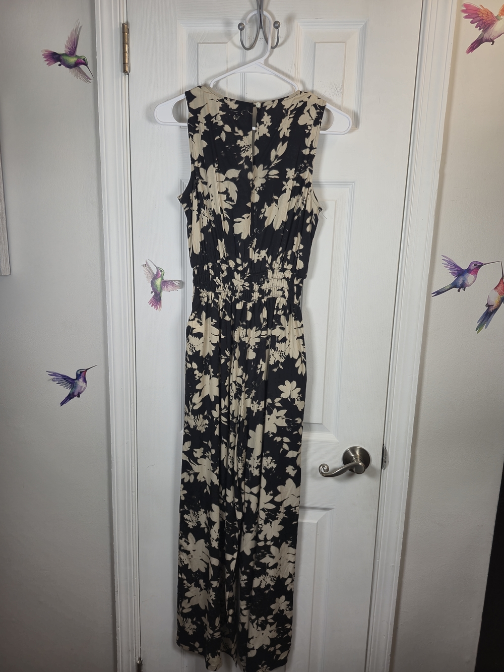 GAP Floral Wide Leg Jumpsuit Black Cream Smocked Waist XS - Picture 3 of 5